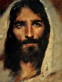 a painting of jesus with blue eyes