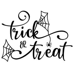 the words trick or treat written in black ink on a white background with spider webs