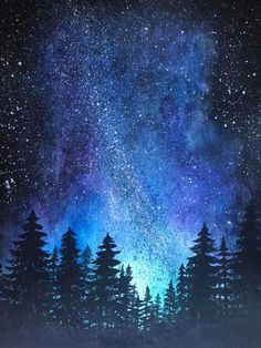 the night sky is filled with stars and trees