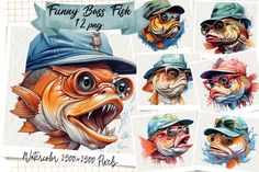 some fish with hats and sunglasses on their heads are featured in this graphic art work