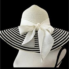 Black & White Striped Floppy Hat With Ribbon At Crown. Adjustable Interior To Fit All Sizes. Trendy White Sun Hat For Day Out, Trendy White Sun Hat For A Day Out, Adjustable White Sun Hat For A Day Out, Chic White Beach Season Hats, Chic White Straw Hat For Beach Season, Elegant White Straw Hat For Beach Season, Elegant White Straw Hat For Day Out, Chic Adjustable Floppy Straw Hat, Chic Adjustable Floppy Hat