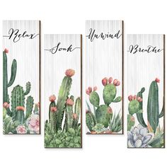 PRICES MAY VARY. Package Information: you will receive a package that comes with 4 pieces of bathroom wood signs in different styles, and each plaque has 1 piece of triangular hooks nailed to the back of the plank for easy hanging; The abundant quantity and funny design can satisfy your various decorating needs in daily life Delicate and Attractive Design: these cactus bathroom wall decors are printed with vivid cactus patterns and words [Relax], [Soak], [Unwind], [Breathe] on one side, elegant Spa Washroom, Cactus Bathroom Decor, Cactus Bathroom, Cactus Wall Decor, Wooden Cactus, Sunflower Bathroom, Western Bathroom, Elegant Bathroom Decor, Relax Soak Unwind