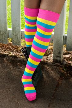 Made in the USA. Bold striped socks with plenty of stretch, so you can show off your true colors with pride. We're so proud of how vibrant these stripes are, and we're just as proud of you for staying true to yourself! Trendy Multicolor Thigh High Stockings, Multicolor Stretch Thigh High Socks, Stretch Multicolor Thigh High Socks, Fun Multicolor Stretch Socks, Otk Socks, Staying True To Yourself, Striped Thigh High Socks, Striped Tights, Pansexual Pride