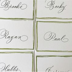 four different types of calligraphy on white paper with green trimmings and black ink