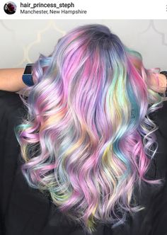 Prism Hair, Hidden Rainbow Hair, Wig Inspiration, Pastel Rainbow Hair, Pastel Princess, Unicorn Hair Color, Dark Curly Hair, Bold Hair Color, Candy Hair