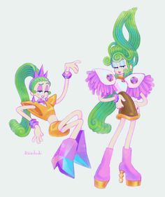 two cartoon girls with green hair and pink shoes, one is holding a purple bag