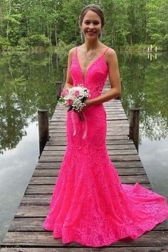 Prom Dresses Hot Pink, Hot Pink Prom, Chic Evening Dress, Lace Evening Gowns, V Neck Prom Dresses, V Neck Wedding Dress, Lace Prom Dress, Pink Prom, Long Prom Dresses