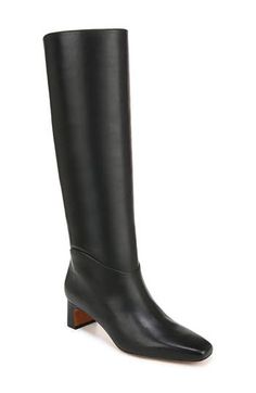 A slender square toe and block heel balance a rich leather boot shaped in a knee-high silhouette for timeless appeal. 2" heel (size 8R) 15" shaft; 14 1/2" regular calf circumference 15" shaft; 16 1/2" wide calf circumference Pull-on style Leather upper, lining and sole Imported Black Knee Boots, Black Knees, Wide Calf, Leather Boot, Black Fits, Boot Shoes Women, Knee High Boots, Knee Boots, Leather Boots