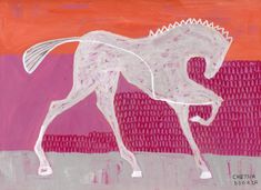 a painting of a white horse on a pink and orange background