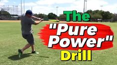 a man swinging a baseball bat on top of a lush green field with the words, the pure power drill