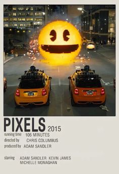 an advertisement for pixels 2013 with two cars in front of a smiley face