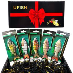 five different types of fish in a box with a red bow on the top and bottom