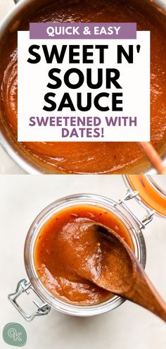 sweet n'sour sauce in a jar with a wooden spoon on the side and text overlay that reads quick & easy sweet n'sour sauce