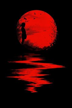 the silhouette of a person standing in front of a red moon over water with reflections