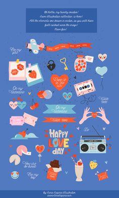 a blue poster with different types of items on it and the words happy love day written in