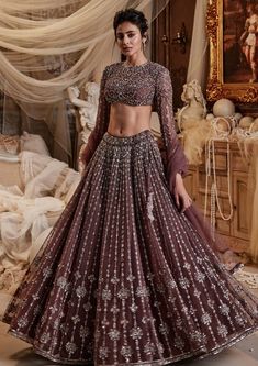 Liana Wine Lehenga Set by Roqa, available on Indiaspopup.com Wine Lehenga, Sangeet Ceremony, Net Embroidery, Full Sleeve Blouse, Net Blouses, Indian Dresses Traditional, Lehenga Blouse, Indian Bridal Fashion, Stylish Dress Book