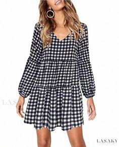 Lasaky - Candy-colored Long Sleeve Dress in Navy Blue with Black Polka Dot Print, Casual Beach Dress with Collar Summer Tunic Dress, Casual Beach Dress, Dress With Collar, Long Sleeve Tunic Dress, Summer Tunics, Long Sleeve Shift Dress, Long Sleeve Tunic, Polka Dot Print, Black Polka Dot