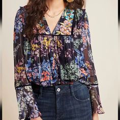 Anthropologie Vivienne Embroidered Ruffle Blouse. Size Small. New With Tags. Metallic Blouses, Anthropologie Uk, The Vivienne, Navy Blouse, Anthropologie Top, Peasant Blouse, Embroidered Blouse, Embroidered Top, Floral Blouse