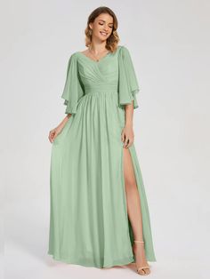 Dusty_Sage Long Sleeve Bridesmaid Dress, Below The Knee Dresses, Bridesmaid Dresses With Sleeves, Green Bridesmaid, Dress Dusty, Mother Of The Bride Dress, Chiffon Bridesmaid Dress, Long Bridesmaid Dresses, Dress Purchase