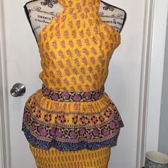 Jcrew Midi Smocked Skirt With Matching Halter Top. Size Xxs Nwt- Sunny Yellow Block Print - Skirt Has A Side Zipper And A Ruffle Hem. Smocked From Waist To Ruffle. Stretchy. Top Has A Side Zipper And Open Back - Ties In Back At Neck. Smoke Free Home Nwt 100% Cotton Top - Armpit To Armpit 16” Length - 21” Skirt - Waist - 12” Laying Flat Length From Waist To Hem - 33” I Purchased Separately But Selling As A Set. Original Price Fro Skirt Was $148 Top Was $110 Yellow Smocked Fitted Dress, Yellow Fitted Smock Dress, Fitted Smock Yellow Dress, Fitted Yellow Smock Dress, Fitted Cotton Skirt With Smocked Back, Casual Yellow Tiered Skirt Dress, Yellow Fitted Tiered Skirt, Fitted Yellow Tiered Skirt, Fitted Vacation Skirt With Smocked Back