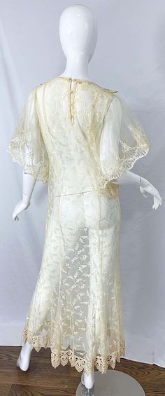 For Sale on 1stDibs - Avant Garde early 80s LORRIE KABALA ivory / off white sheer lace embroidered caftan maxi dress ! Features romantic vintage lace with embroidered lace trims. 1960s Cocktail Dress, Embroidered Caftan, Moschino Couture, Taffeta Dress, Panel Dress, Silk Taffeta, 60s Dress, Lace Trims, Overlay Dress