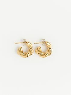 Stainless steel gold earrings 18K gold twisted textured hoops Sold in pairs Made in USA Trending Bracelets, Chunky Earrings, Trending Necklaces, Wear Necklaces, Summer Bracelets, In Pairs, Delicate Jewelry, Stunning Earrings, Cuff Earrings