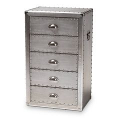 a metal chest with five drawers and rivets