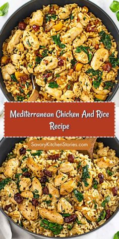 chicken and rice in a skillet with spinach leaves on the side text reads mediterranean chicken and rice