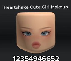 the head of a doll with blue eyes is shown in front of a sign that says heartshake cute girl makeup