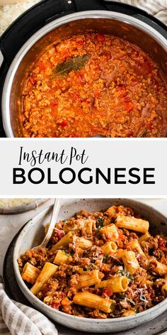 an instant pot bolognzone recipe in a pan with the title above it