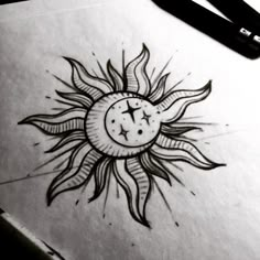 a drawing of a sun with a clock on it's face and stars in the middle