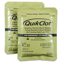 Package of Two Quick Clots a way to stop the heavy bleeding while you search for help, if you are a gun person you should always have at least one near by, it could be what save's a life maybe even yours..... Med Kit, Car Wreck, Doomsday Prepping, Chemical Reaction, Prepper Survival, Zombie Survival, Medical Kit, Emergency Prepping, Disaster Preparedness