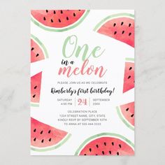 a watermelon birthday party card with the words one in a melon on it