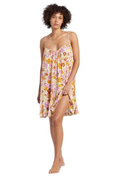 Serve up beachy vibes in this floral-print cover-up minidress in a lightweight, crinkled fabrication with a flounced hem for lots of playful movement. 26" center front length (size Medium) Slips on over head V-neck Unlined Adjustable straps 100% viscose Hand wash, line dry Imported Printed Summer Mini Dress For Beach, Beachy Mini Dress With Floral Print, Flowy Beach Sundress With Ruffle Hem, Flowy Sundress With Ruffle Hem For Beach, Flowy Sundress For Brunch And Vacation, Tropical Printed Mini Dress For Beach, Beach Dress With Ruffle Hem, Beachy Ruffled Sundress For Vacation, Flowy Printed Mini Dress For The Beach