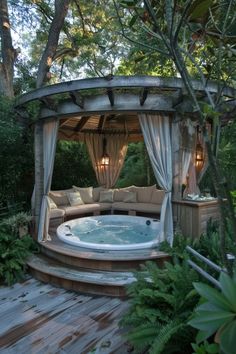 Gazebo With Jacuzzi, Boho Hot Tub Area, Round Hot Tub Surround Ideas, Backyard Spa Oasis, Backyard Spa Ideas Hot Tubs, Hot Tub Ideas Backyard Patio, Outdoor Gazebo Ideas Decor, Pool And Hot Tub Backyard, Backyard Jacuzzi Ideas Patio