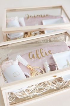 two wooden boxes filled with personalized items