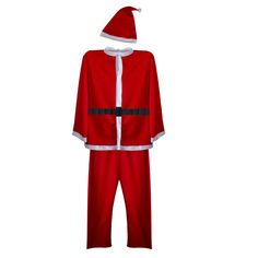 a red santa suit with white trim and black stripe on the chest, standing in front of a white background