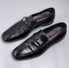 Awesome rare mens shoes spazzolato rois logo buckle black color genuine leather made in italy 100% authentic condition: very good vintage condition no defects minor signs of wear pictured please check all photos and measurements measurements approx pictured tag size: uk 8 / us 9 Prada Mens, Mens Loafers Shoes, Mens Loafers, Prada Men, Loafers Shoes, Slip Ons, Loafer Shoes, Loafers Men, Black Color