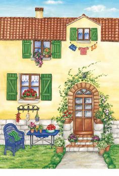 a painting of a yellow house with green shutters and flowers on the windowsill