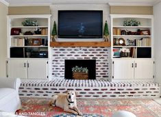 a dog laying on the floor in front of a fireplace with built - in bookshelves