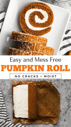 pumpkin roll with white frosting on top and the title overlay reads easy and mess - free pumpkin roll