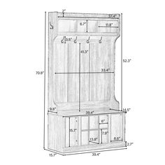 a drawing of a large wooden cabinet with drawers and cupboards on the bottom side