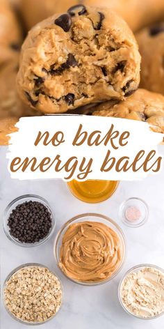 no bake energy balls recipe with chocolate chip cookies and peanut butter in the background