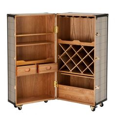 an open wooden wine rack with two drawers and one door on the side, in front of a white background