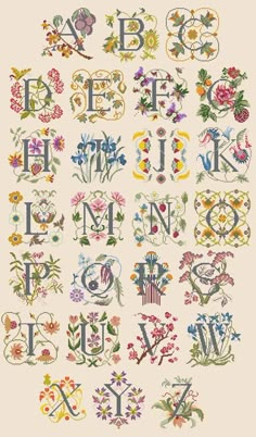 an old fashioned cross stitch pattern with flowers and letters