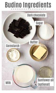 ingredients needed to make chocolate fudges on a white counter top with text overlay