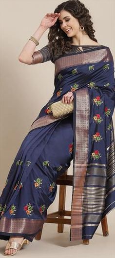 Blue color Saree in Silk cotton fabric with Embroidered, Thread work Festive Blue Cotton Saree, Traditional Blue Cotton Saree, Blue Cotton Saree With Pallu, Blue Cotton Embroidered Saree, Blue Embroidered Cotton Saree, Blue Cotton Fabric With Printed Motifs, Traditional Sarees, Thread Work, Party Wear Sarees