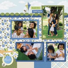 a scrapbook page with four pictures of people in the grass and one is holding a child