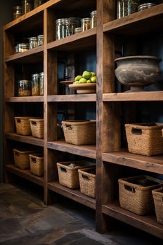 the shelves are filled with baskets and fruit