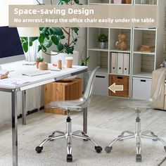 a desk with two chairs and a computer on it in front of a bookshelf